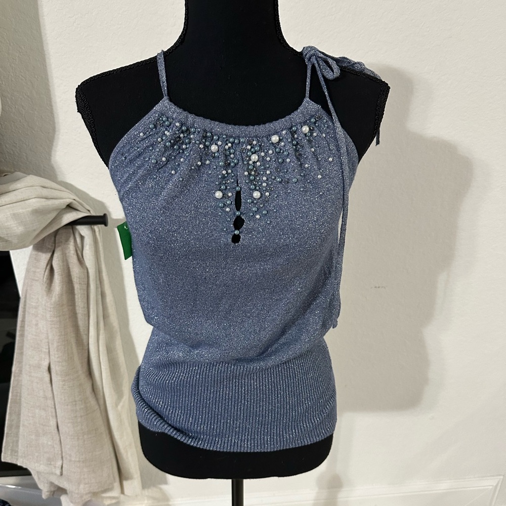Primrose Blue Beaded / Sequin Top w/Sparkles Tank. Size L/XL  Vintage